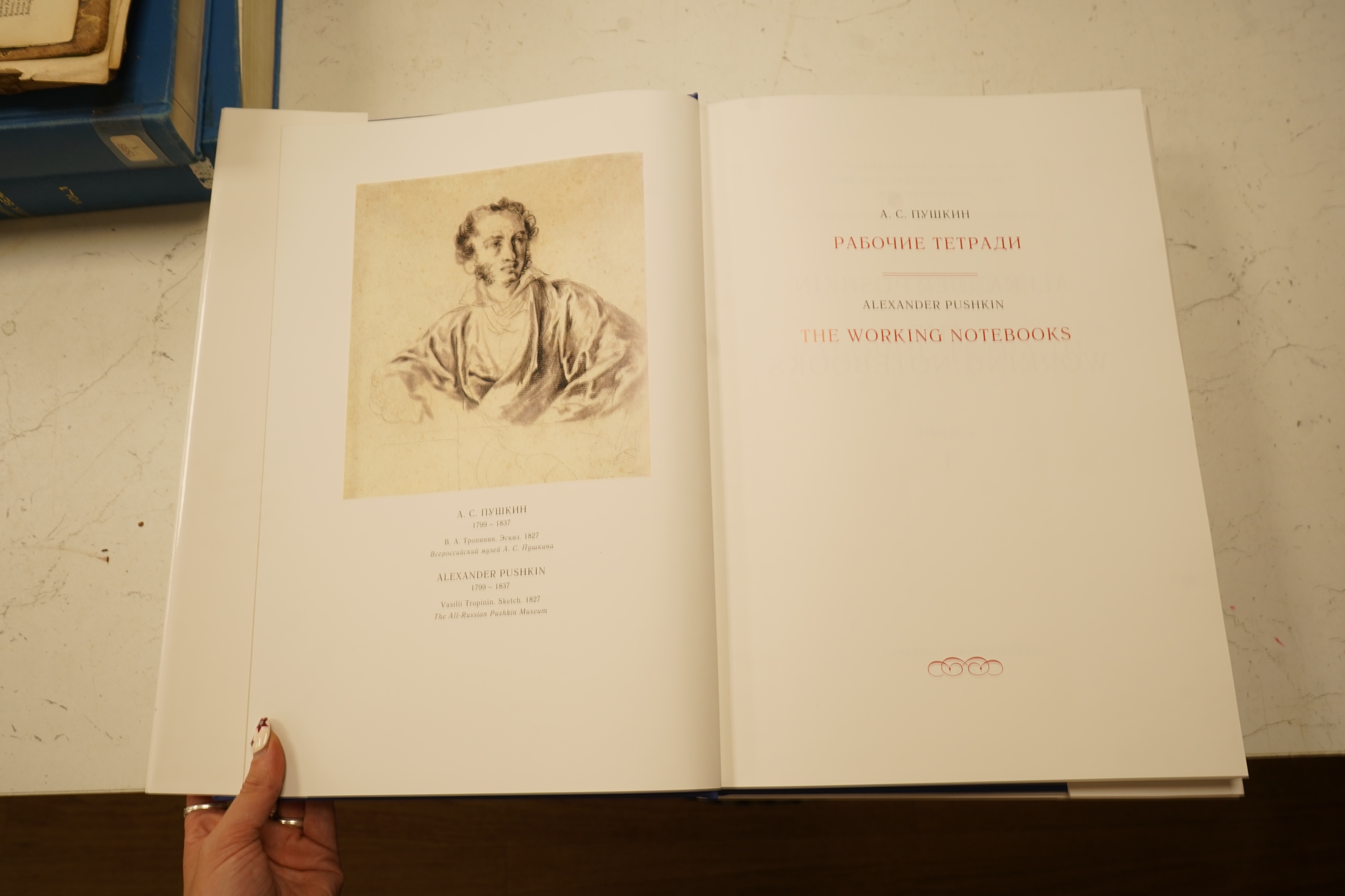[Russian text] Puskin, Alexander - The Working Notebooks. vols 1 and 2 only (ex.8). vol. with facsimile text and illus. (some coloured); publisher's gilt pictorial cloth and d/wrappers, fol. St. Petersburg and London, 19